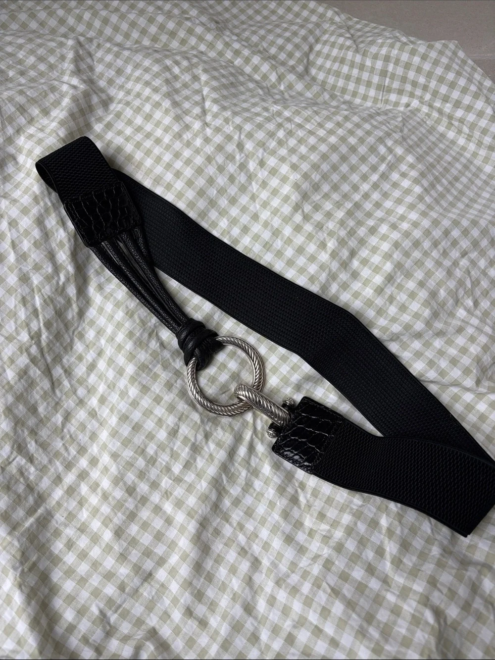 Black Elastic Waist Belt with Silver Ring Hardware